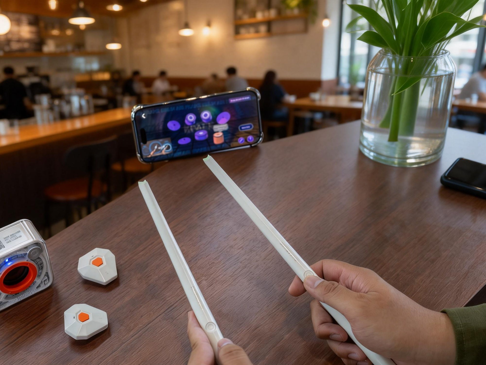 Air drum system in use, with motion-sensing sticks and a mobile app displaying digital drum sounds on a smartphone.