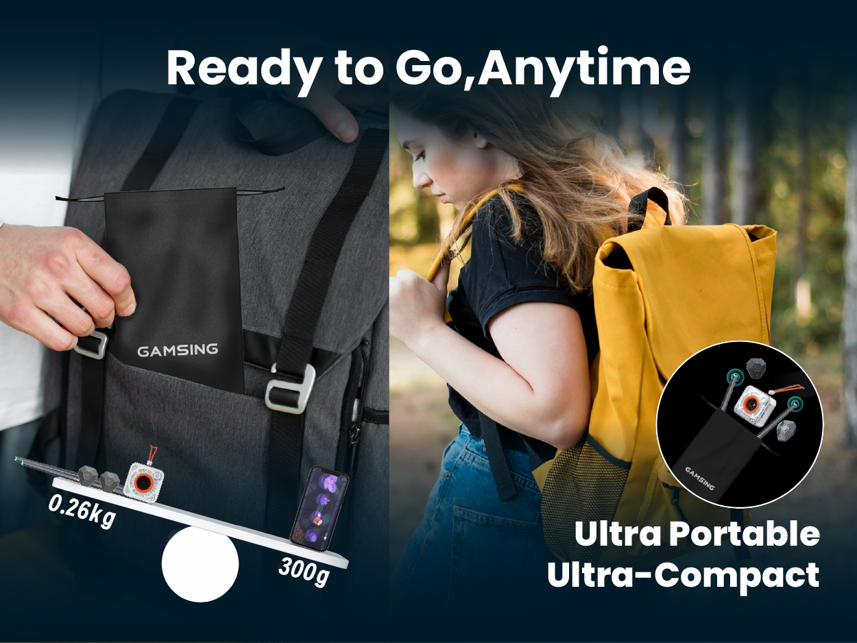 Gamsing portable air drum kit packed in backpack, emphasizing compact and lightweight travel use