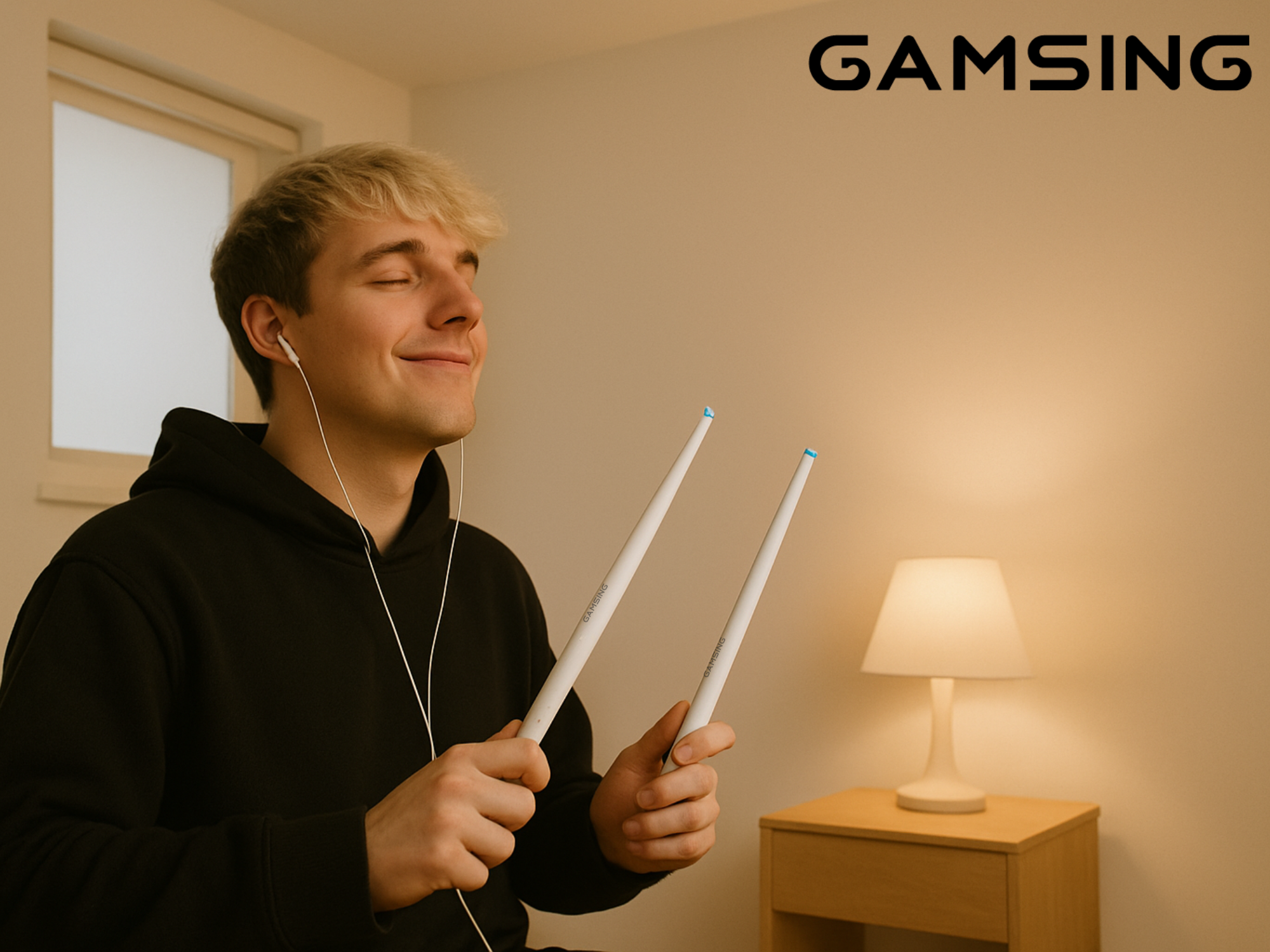 Drummer practicing quietly with Gamsing air drum system in a no-noise setup.