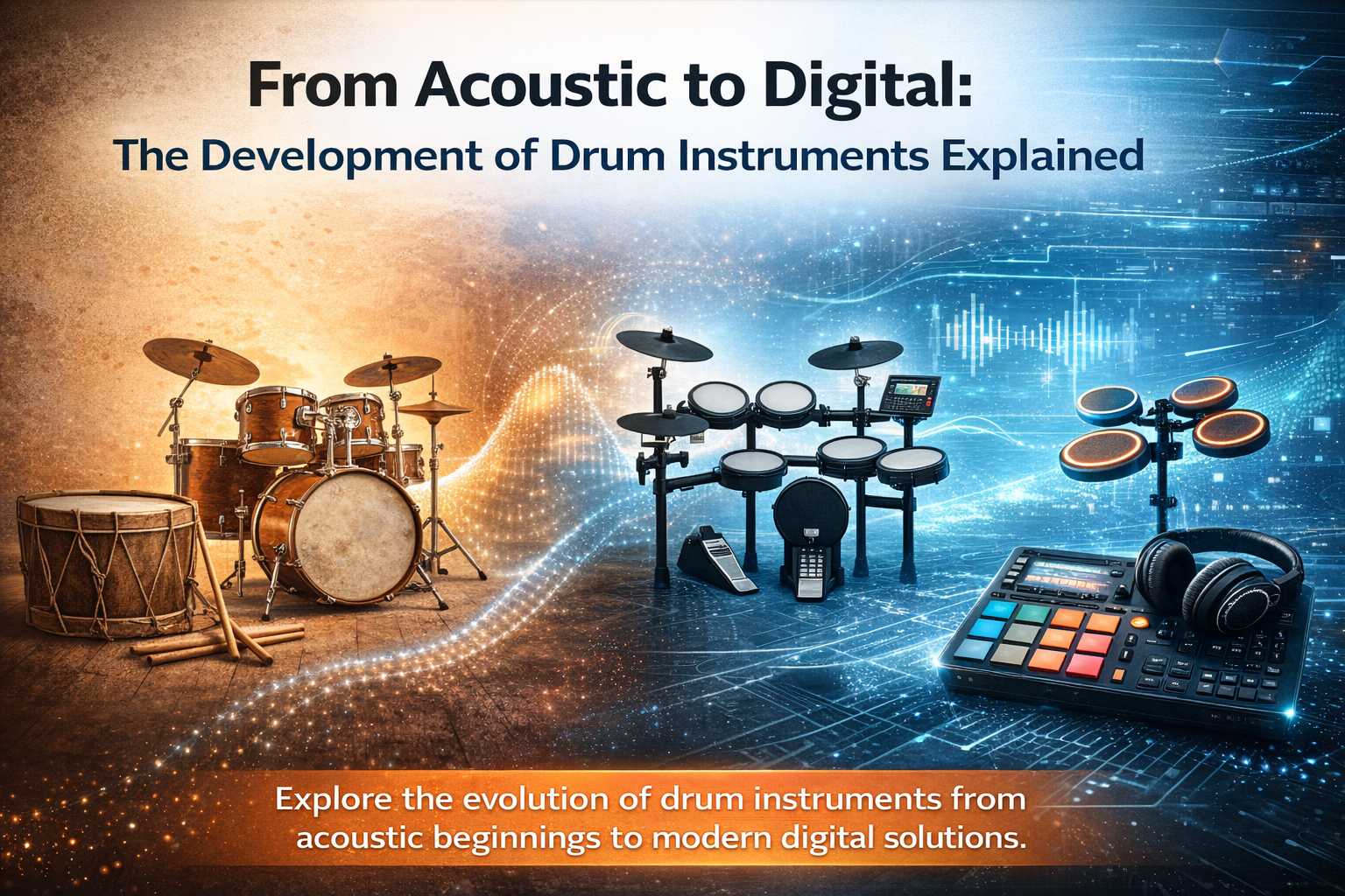 Evolution of drum instruments from acoustic drums to electronic kit and digital drum pads showing the development of drumming technology