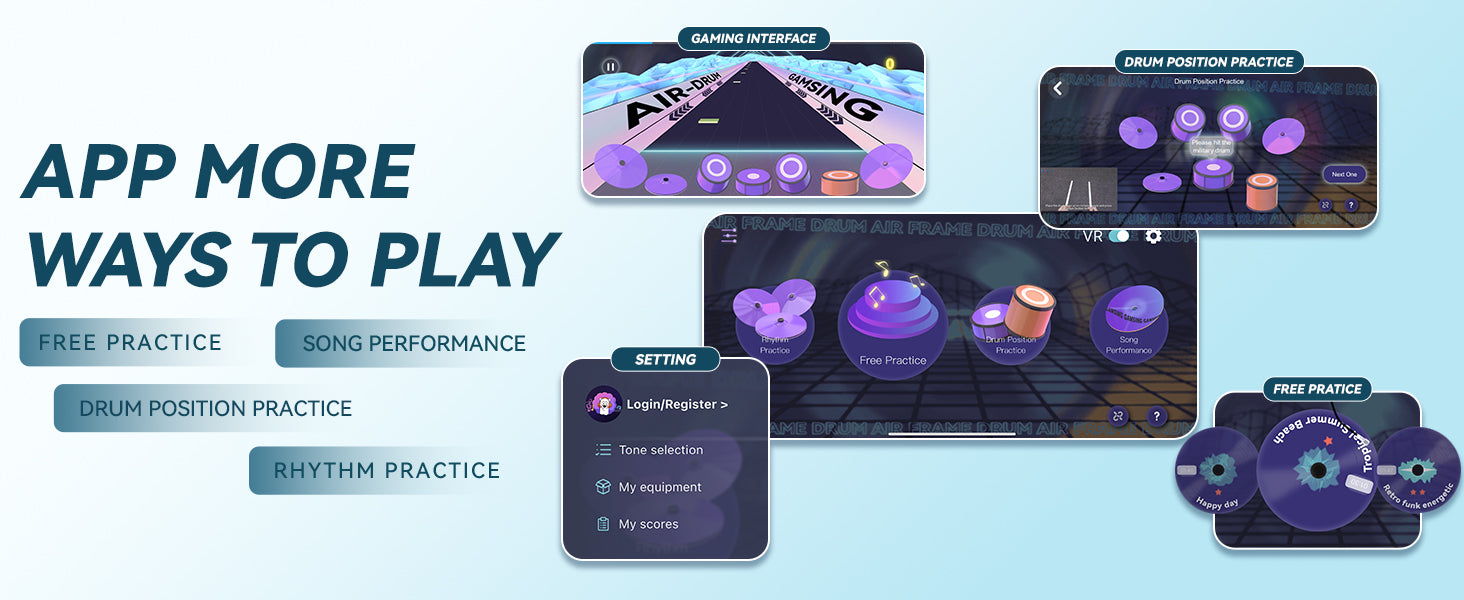 Promotional graphic for a drumming app with various features and interfaces.