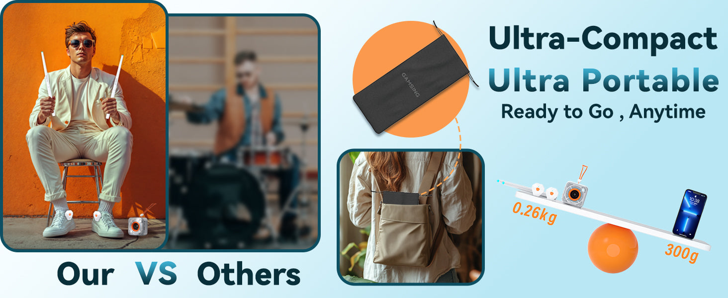 Comparison of a person with a drum set and a solar panel, with text highlighting portability.