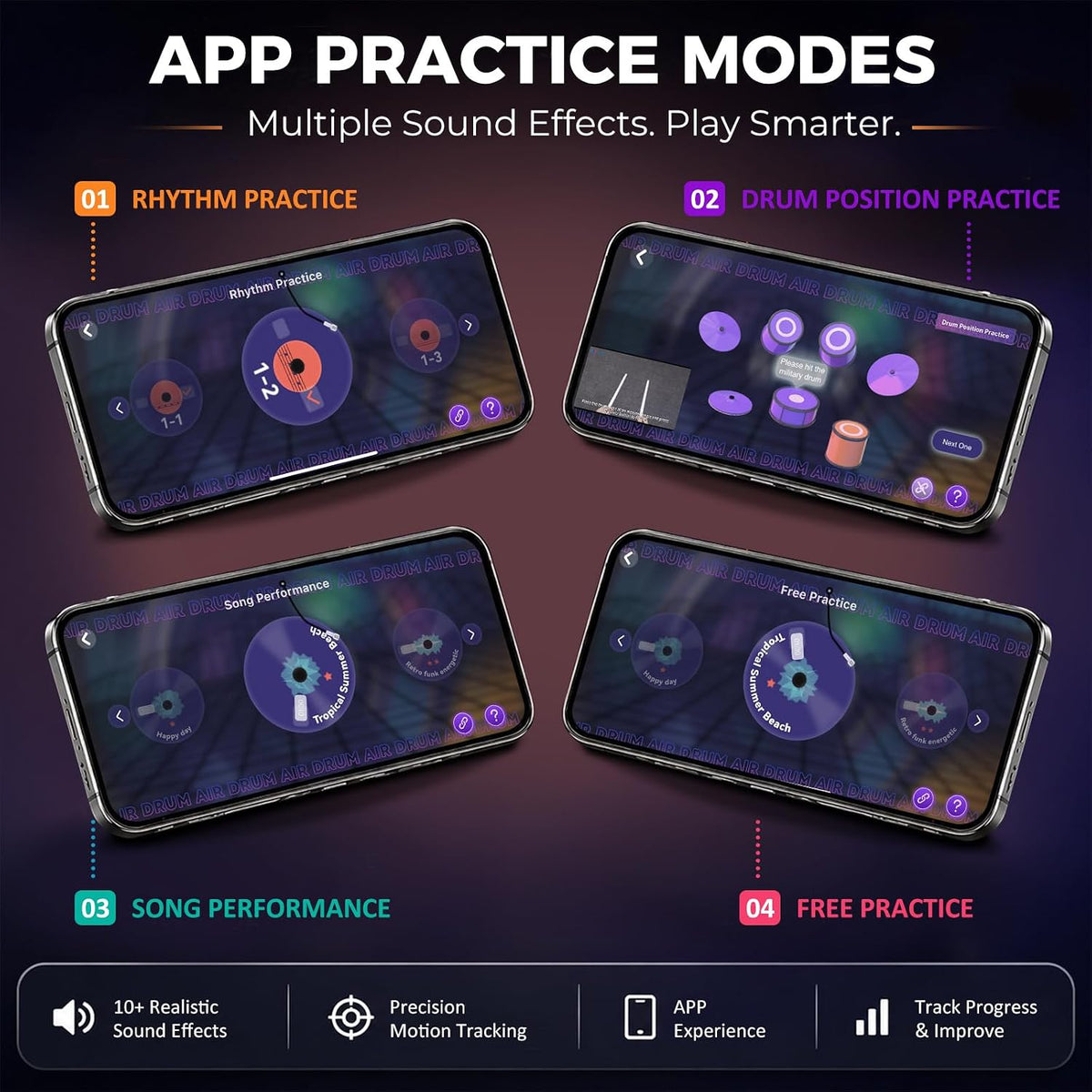 Gamsing A3 app practice modes: rhythm, drum position, song performance, free practice