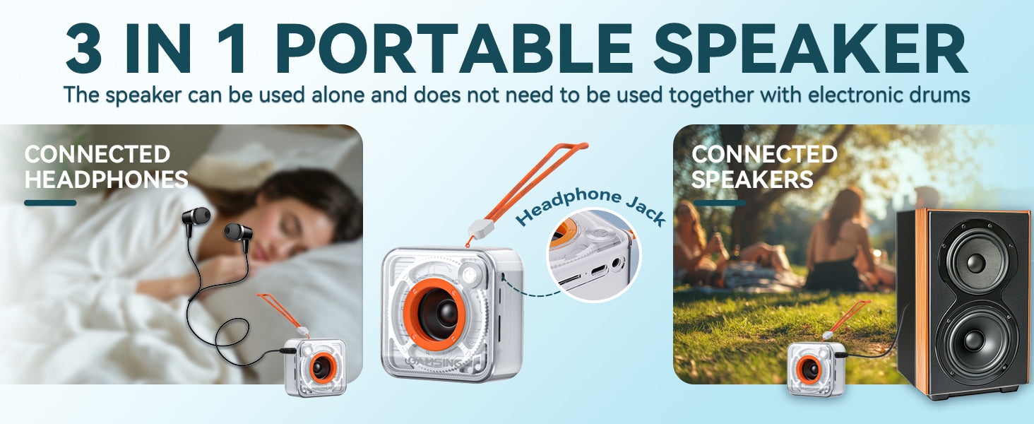 3-in-1 portable speaker with connected headphones and speakers on a blue background